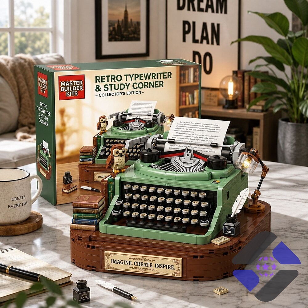 Master Builder Kits Retro Typewriter & Study Corner Building Block Brick Set box close-up