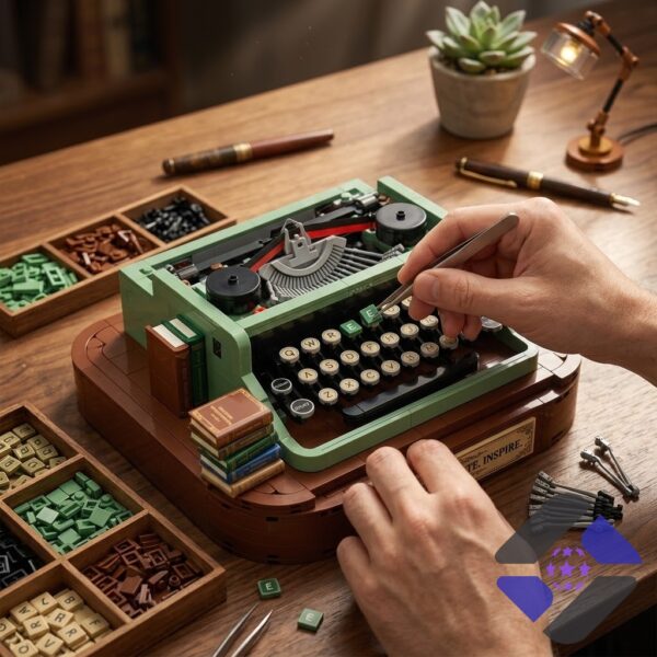 Master Builder Kits Retro Typewriter & Study Corner Building Block Brick Set with desk lamp and globe