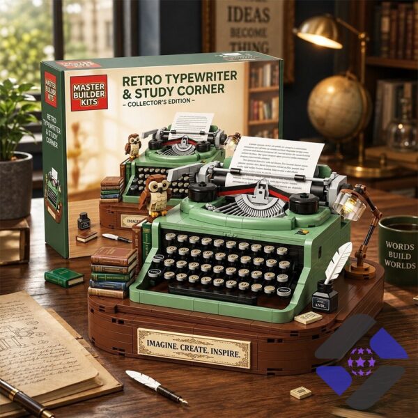 Master Builder Kits Retro Typewriter & Study Corner Building Block Brick Set with box and assembled model