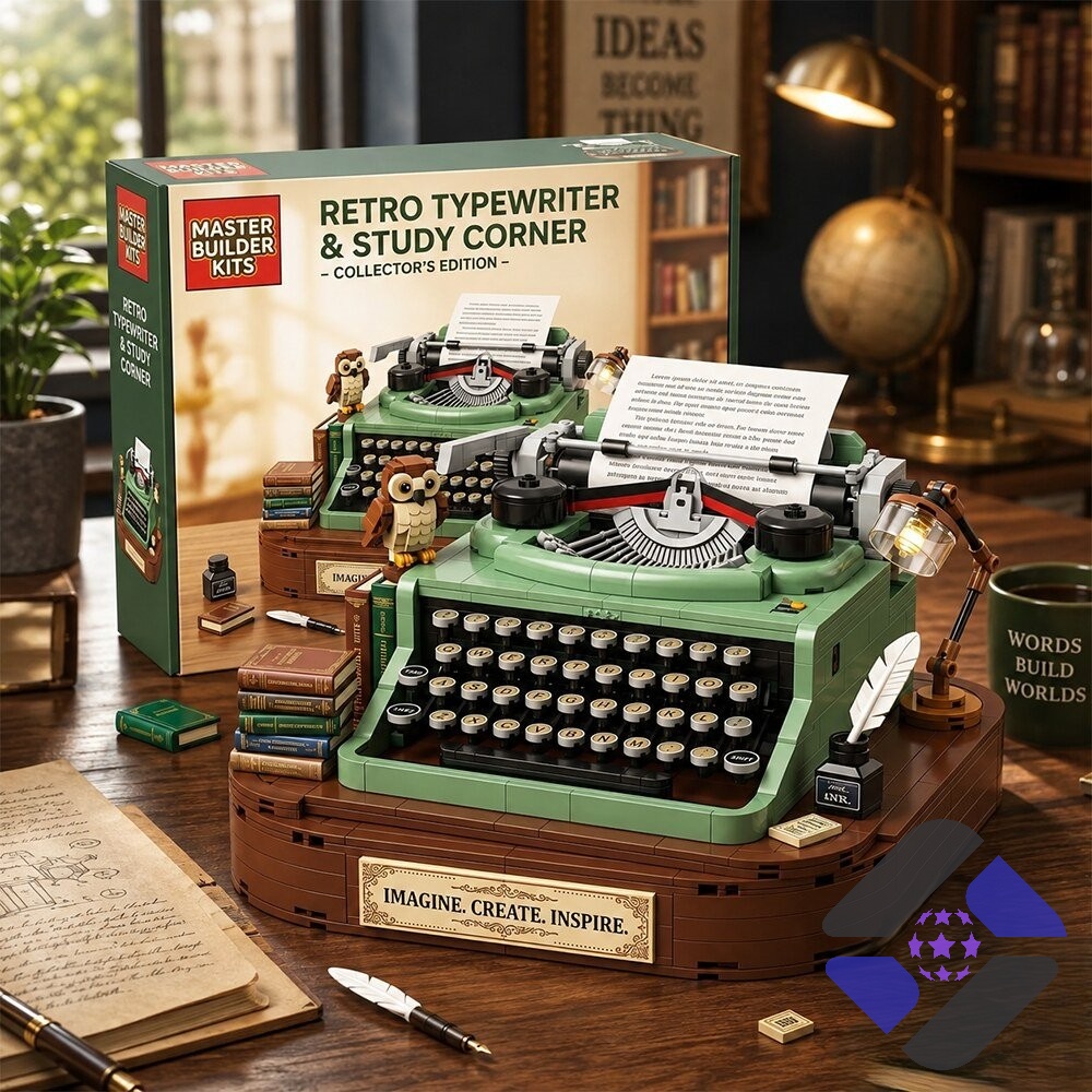 Master Builder Kits Retro Typewriter & Study Corner Building Block Brick Set with box and assembled model