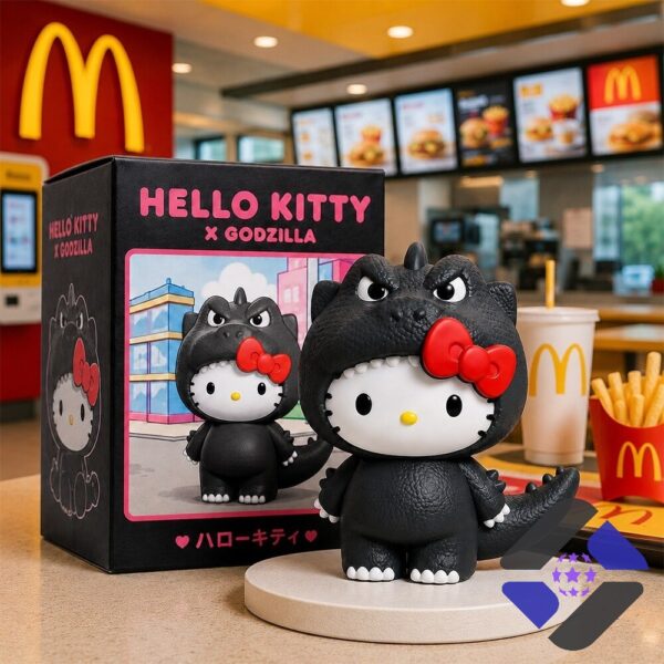 Hello Kitty Godzilla Collaboration Figure Toy - close-up of box with logo and figure head