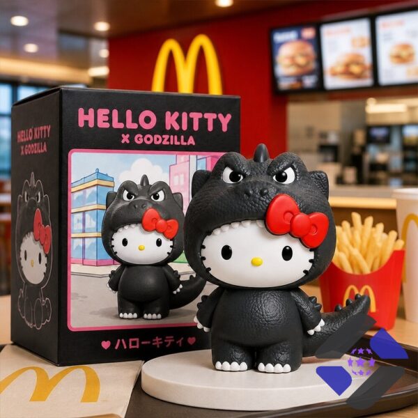 Hello Kitty Godzilla Collaboration Figure Toy - figure and box on McDonald's tray with fries