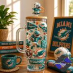 Miami Dolphins 2026 40oz Tumbler With Handle - full product display with mug and team decor