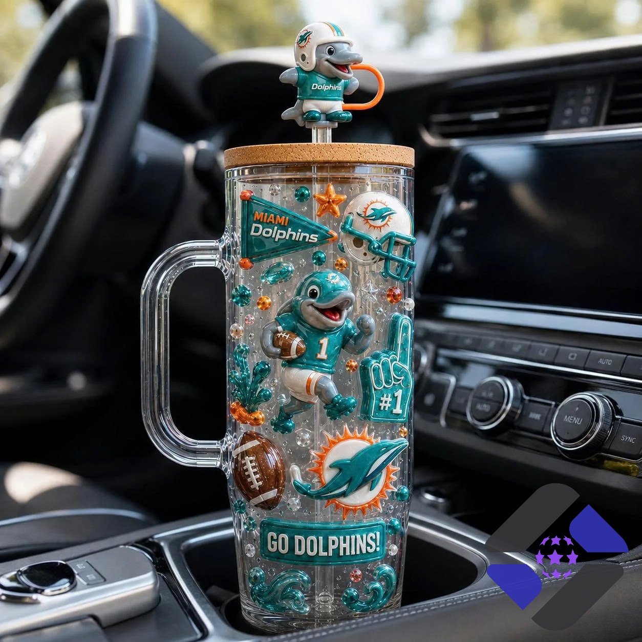 Miami Dolphins 2026 40oz Tumbler With Handle - close-up of the tumbler top with a dolphin mascot straw