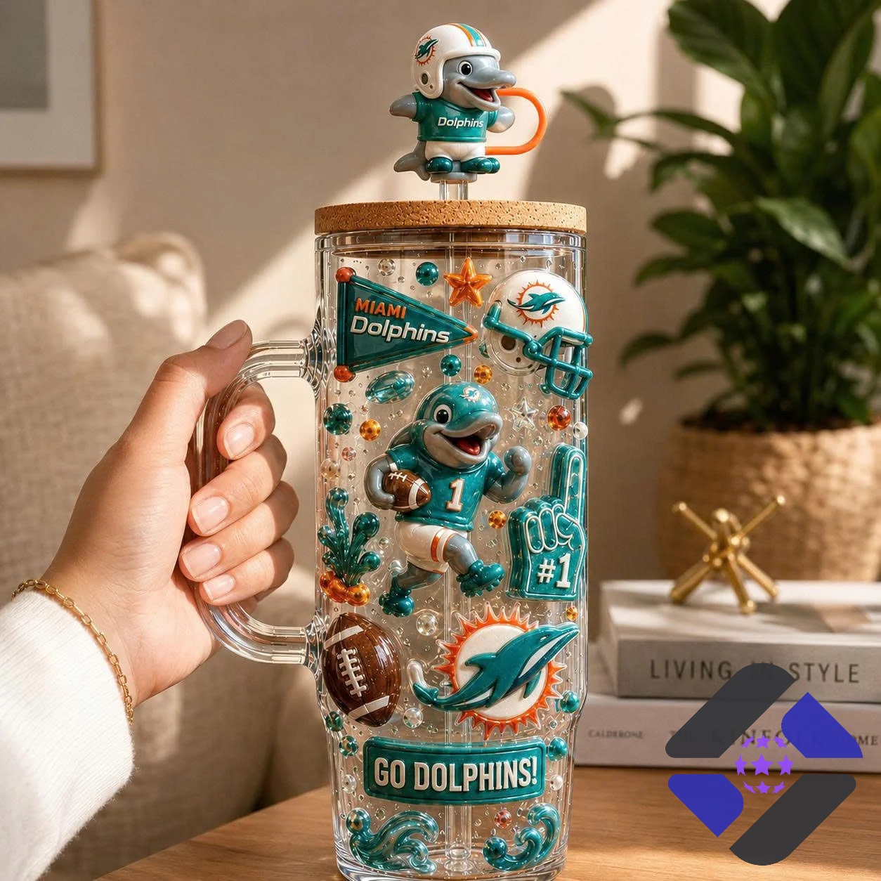 Miami Dolphins 2026 40oz Tumbler With Handle - side view with framed team logo in background