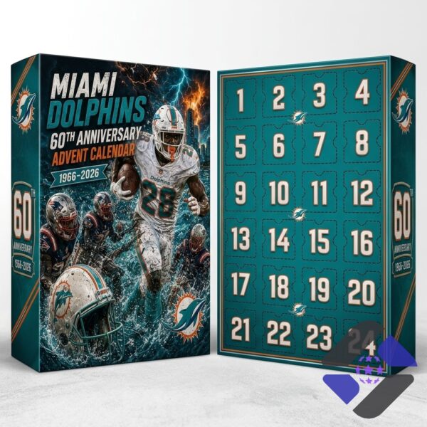 Miami Dolphins 60th Anniversary 1966-2026 Advent Calendar - box and top row figurines