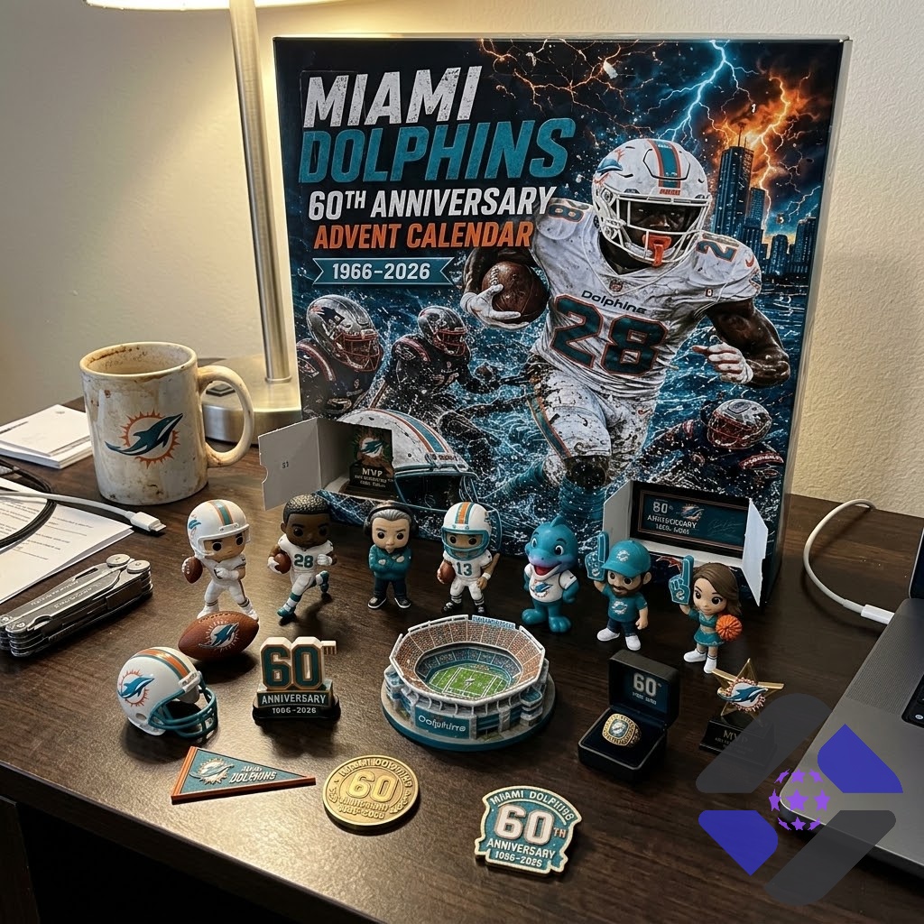 Miami Dolphins 60th Anniversary 1966-2026 Advent Calendar - bottom items and trophy