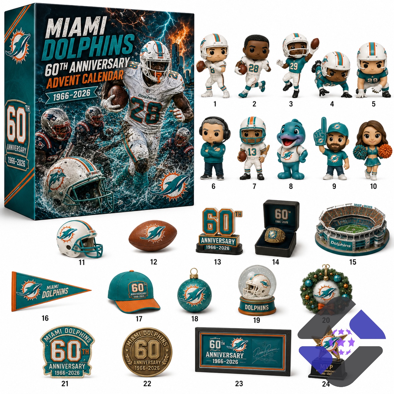 Miami Dolphins 60th Anniversary 1966-2026 Advent Calendar – Full collection display Miami Dolphins 60th Anniversary 1966-2026 Advent Calendar - full collection display