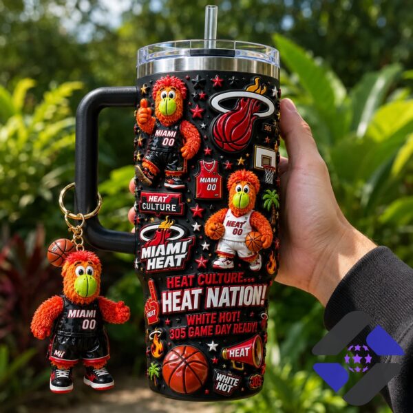 Miami Heat Heat Culture Heat Nation Tumbler With Plush Toy - close-up showing handle and mascot in black