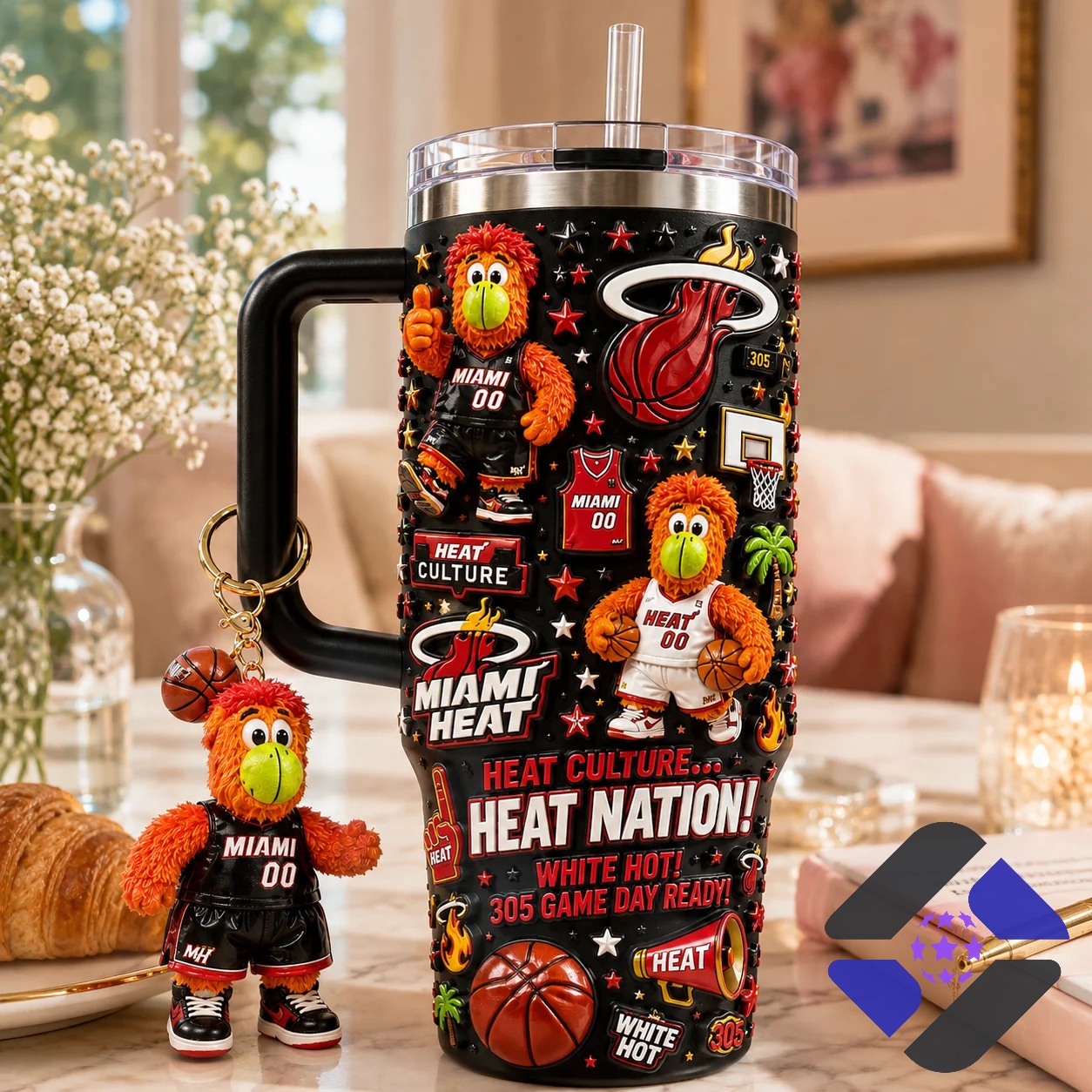 Miami Heat Heat Culture Heat Nation Tumbler With Plush Toy - side view displaying flame logo and slogans