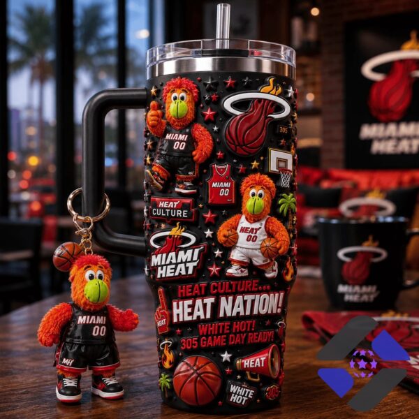 Miami Heat Heat Culture Heat Nation Tumbler With Plush Toy - full product display with mascot keychain