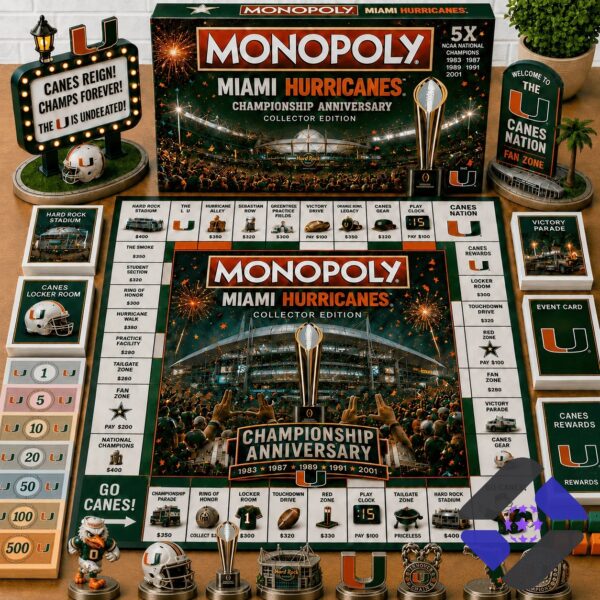 Miami Hurricanes Championship Anniversary Monopoly Board Game - complete game setup with box and pieces