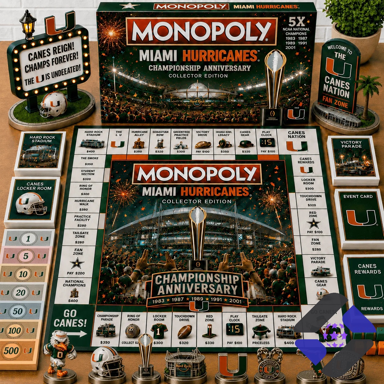 Miami Hurricanes Championship Anniversary Monopoly Board Game - complete game setup with box and pieces