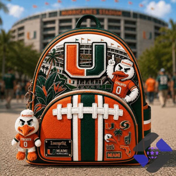 Miami Hurricanes Stadium Theme Backpack - full front view with mascot keychain