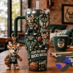 Milwaukee Bucks Fear the Deer Tumbler With Plush Toy - tumbler and plush toy on wooden table