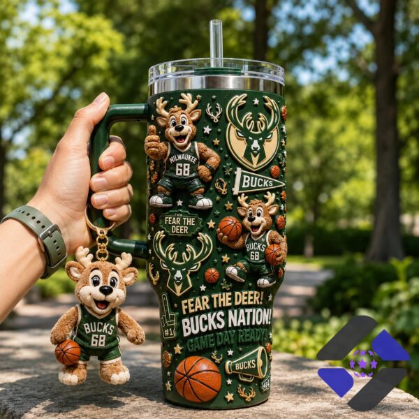 Milwaukee Bucks Fear the Deer Tumbler With Plush Toy - close-up of handle and top mascot