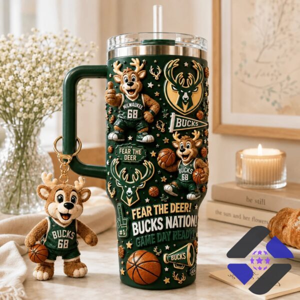 Milwaukee Bucks Fear the Deer Tumbler With Plush Toy - close-up of top section with team logo