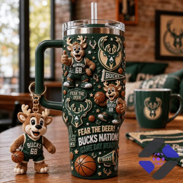 Milwaukee Bucks Fear the Deer Tumbler With Plush Toy - tumbler and plush toy on wooden table