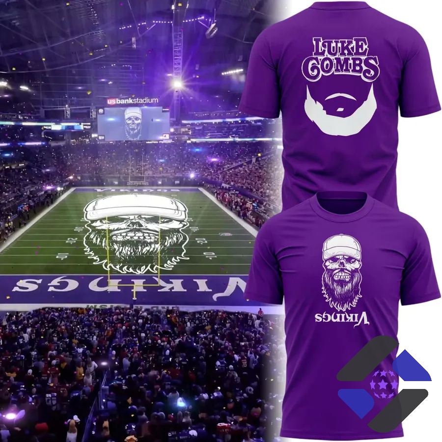 Minnesota Vikings Luke Combs Skull Beard T-Shirt – Front and back designs with Minnesota Vikings Luke Combs Skull Beard T-Shirt - front and back designs with stadium background