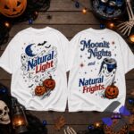 Natural Light Moonlit Nights Natural Frights Halloween T-Shirt - front and back display