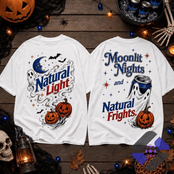 Natural Light Moonlit Nights Natural Frights Halloween T-Shirt - front and back display