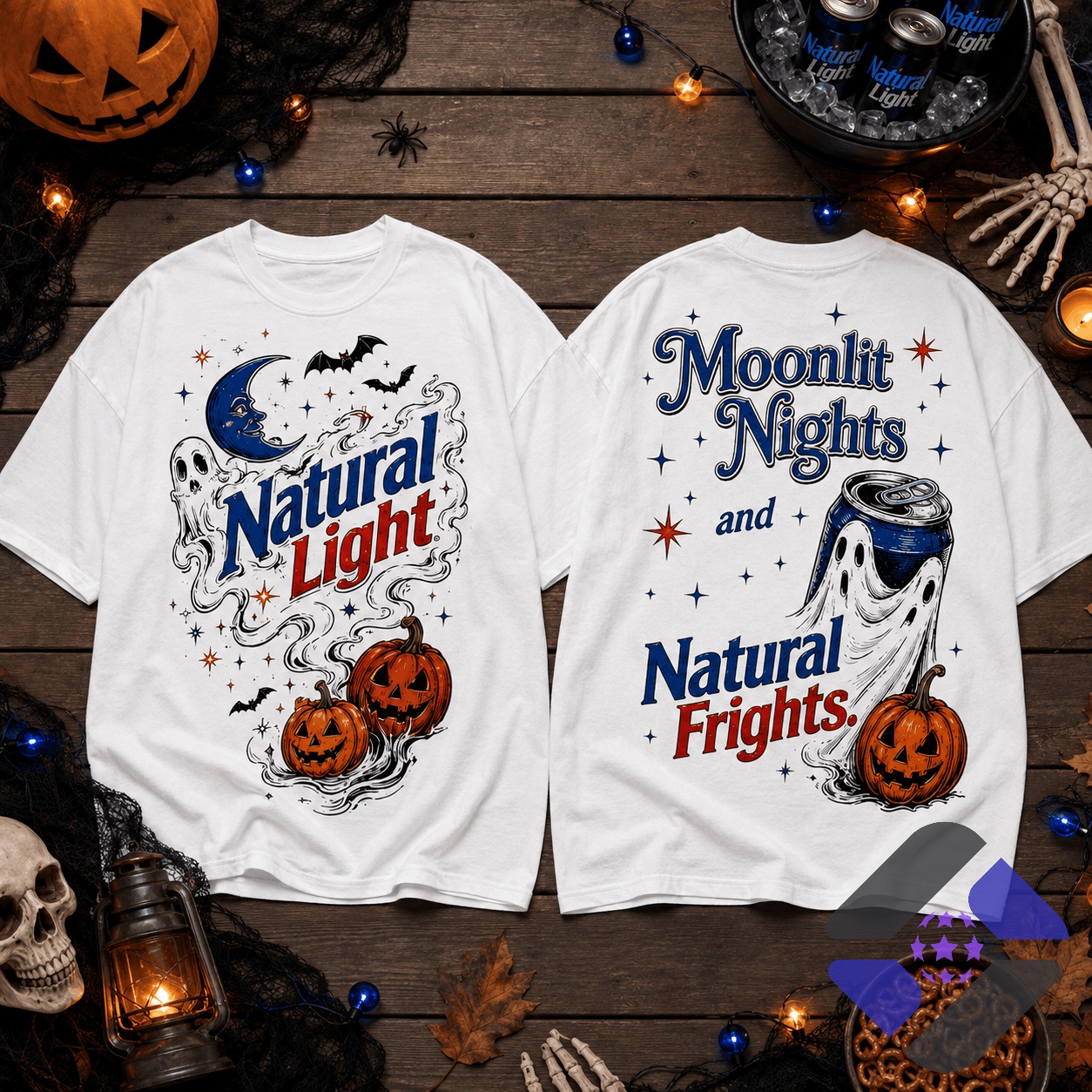 Natural Light Moonlit Nights Natural Frights Halloween T-Shirt – Front and back display Natural Light Moonlit Nights Natural Frights Halloween T-Shirt - front and back display