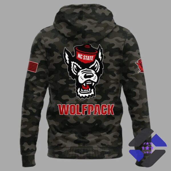 NC State Wolfpack 2026 Football Camouflage Hoodie - back view detail with player in jersey