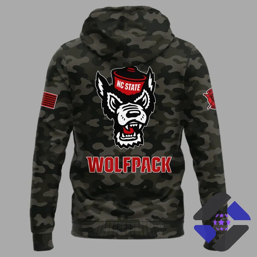 NC State Wolfpack 2026 Football Camouflage Hoodie - back view detail with player in jersey