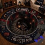 New England Patriots Halloween Skeleton Pirate Quilted Round Rug - full view on wooden floor