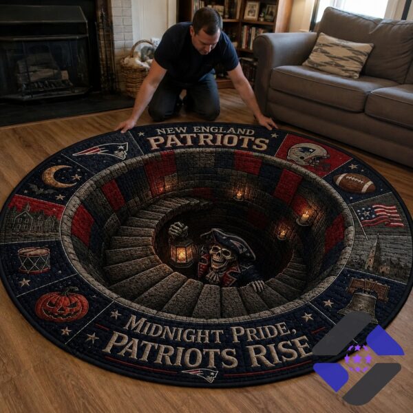 New England Patriots Halloween Skeleton Pirate Quilted Round Rug - top-left detail showing moon and building