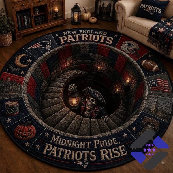 New England Patriots Halloween Skeleton Pirate Quilted Round Rug - full view on wooden floor