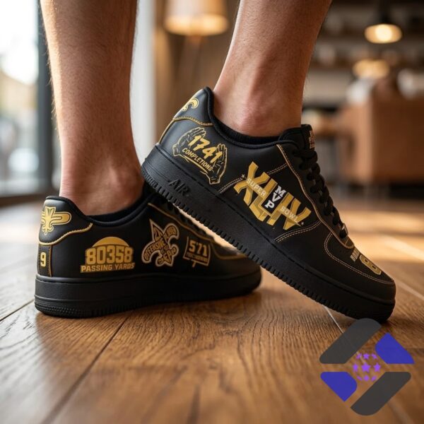 New Orleans Saints Drew Brees Sneaker - close-up bottom shoe showing passing yards and touchdowns