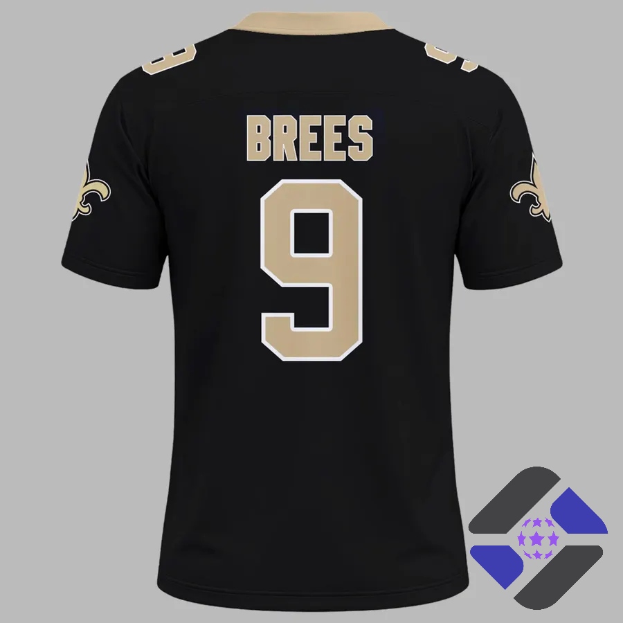 New Orleans Saints Drew Brees Number 9 Football Jersey - player holding baby in matching jersey