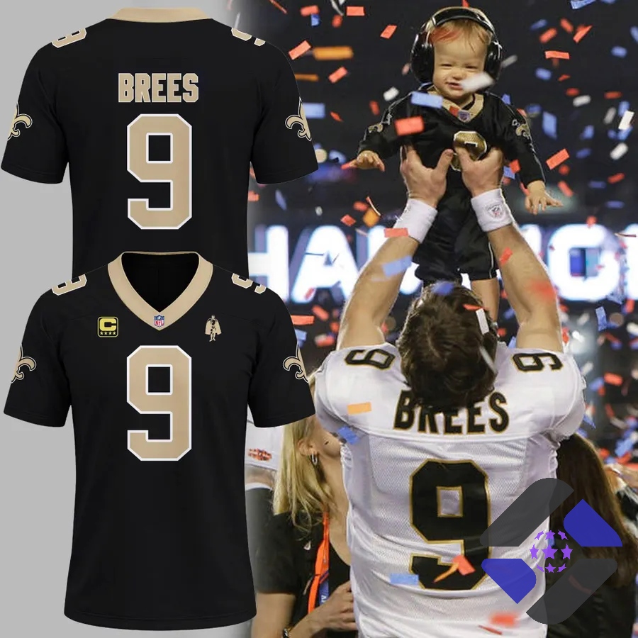 New Orleans Saints Drew Brees Number 9 Football Jersey - front and back view with player celebration
