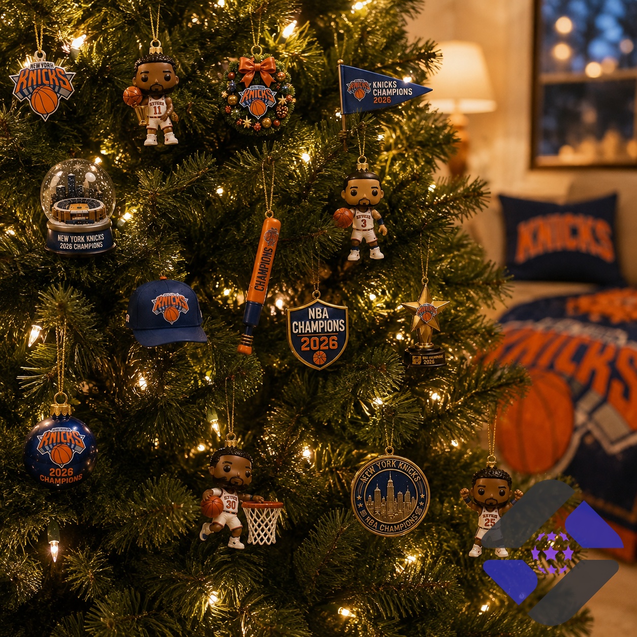 Assortment of New York Knicks 2026 NBA Champions Funko Pop figures and trophies
