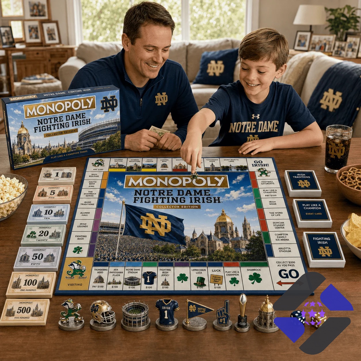 Notre Dame Fighting Irish 2026 Monopoly Board Game - stadium model and game cards