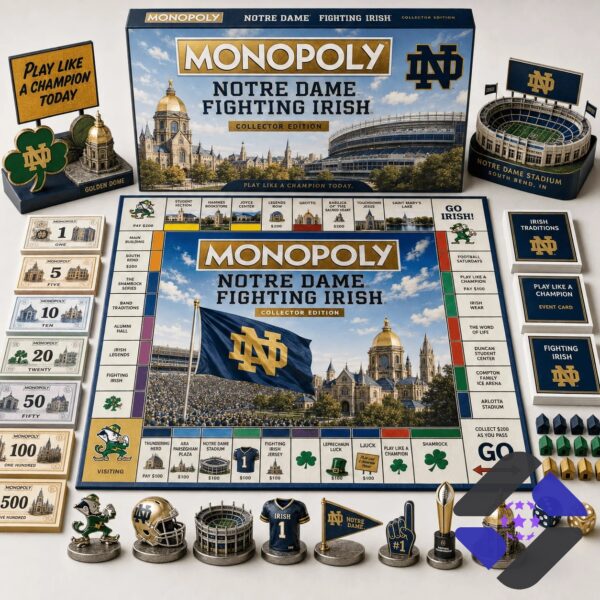 Notre Dame Fighting Irish 2026 Monopoly Board Game - full set display