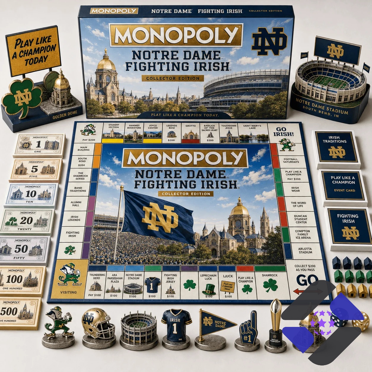 Notre Dame Fighting Irish 2026 Monopoly Board Game – Full set display Notre Dame Fighting Irish 2026 Monopoly Board Game - full set display