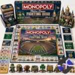 Notre Dame Fighting Irish Monopoly Board Game - entire game set displayed with tin and stadium replica