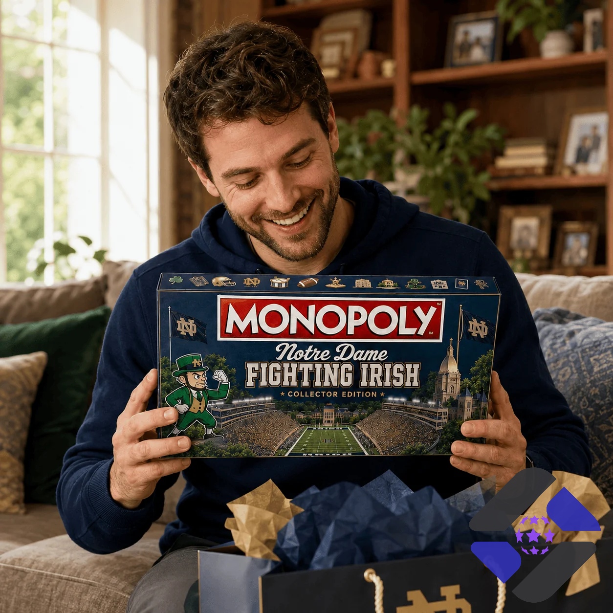 Notre Dame Fighting Irish Monopoly Board Game - close up of the game box and matching collectible tin