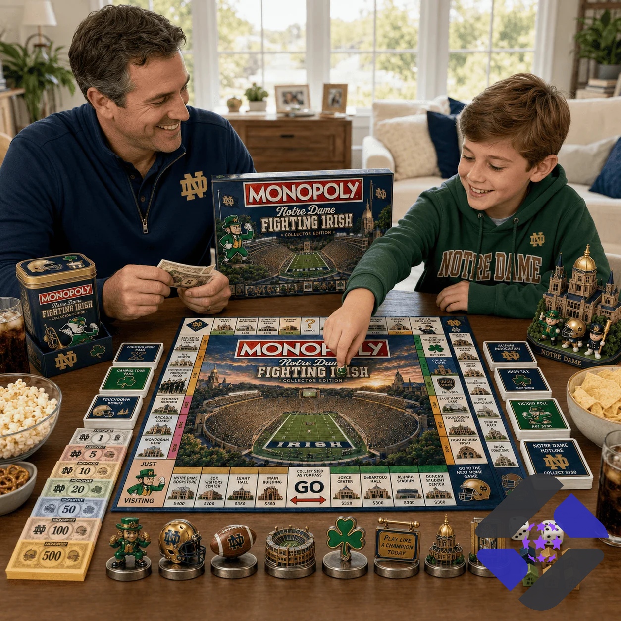 Notre Dame Fighting Irish Monopoly Board Game - detailed view of the game board and stadium replica