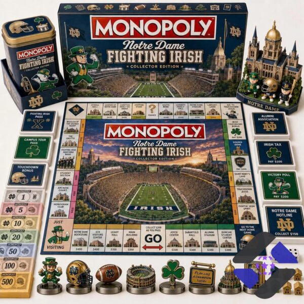 Notre Dame Fighting Irish Monopoly Board Game - entire game set displayed with tin and stadium replica