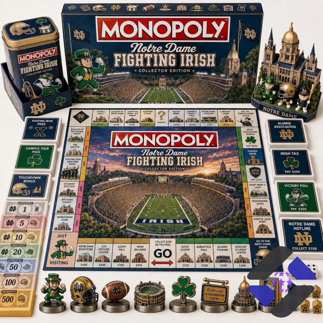 Notre Dame Fighting Irish Monopoly Board Game - entire game set displayed with tin and stadium replica