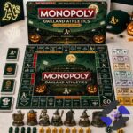 Oakland Athletics Halloween Monopoly board game with all components displayed