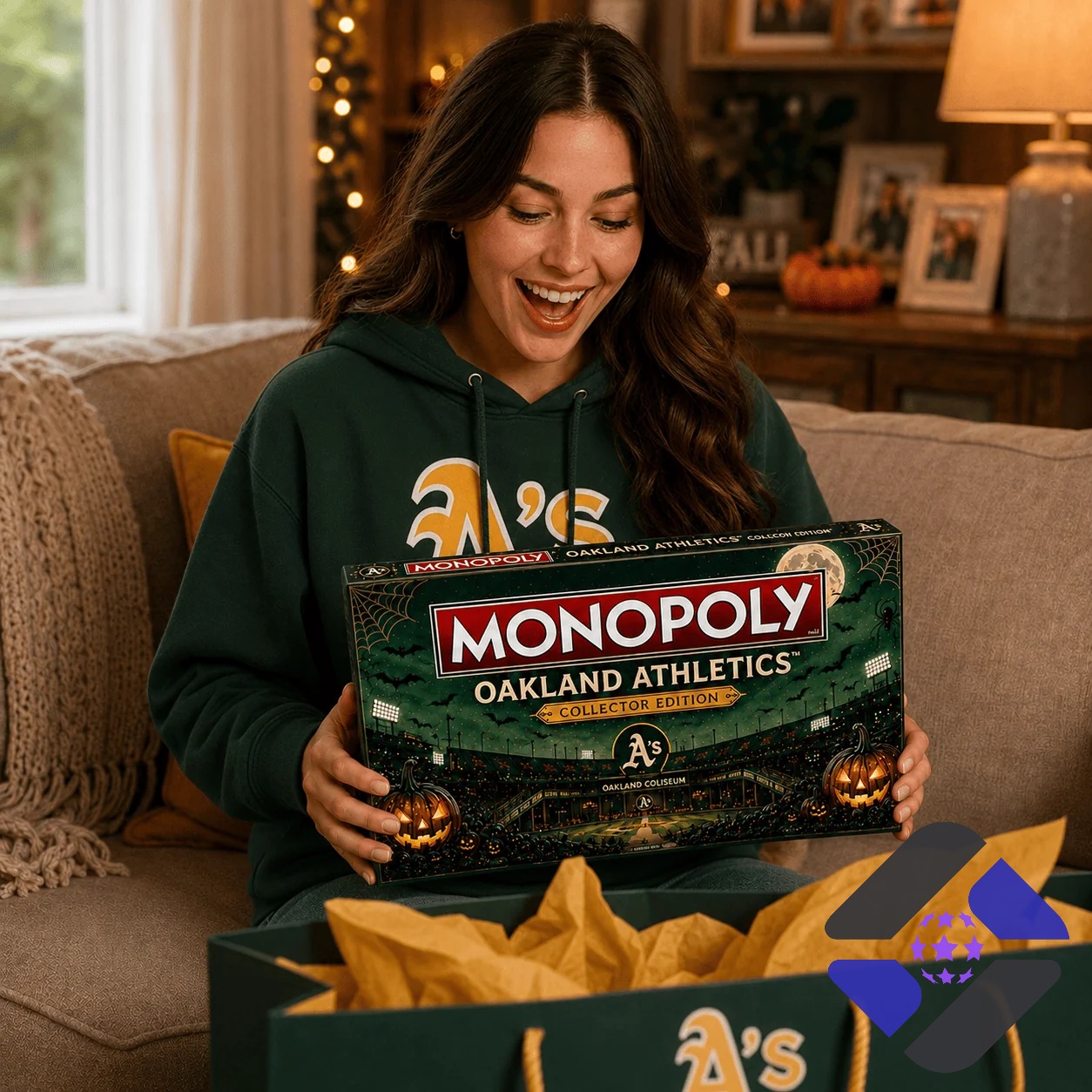Close-up of Oakland Athletics Halloween Monopoly board game box and corner of the board