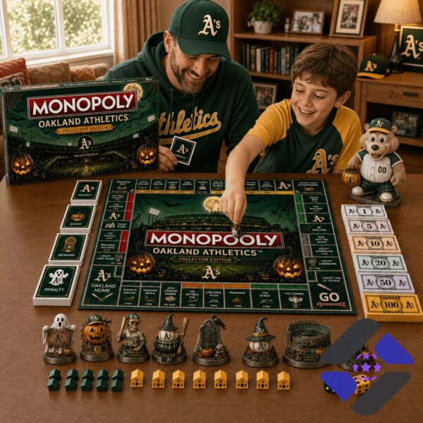 Oakland Athletics Halloween Monopoly board game with money and a green baseball cap