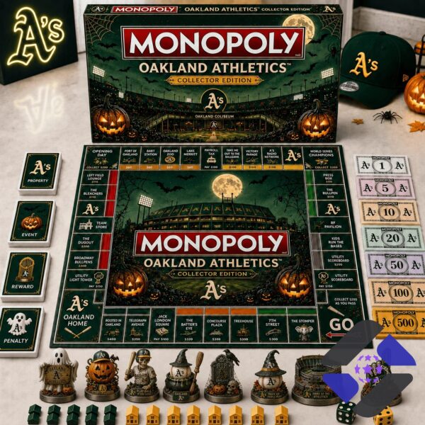 Oakland Athletics Halloween Monopoly board game with all components displayed
