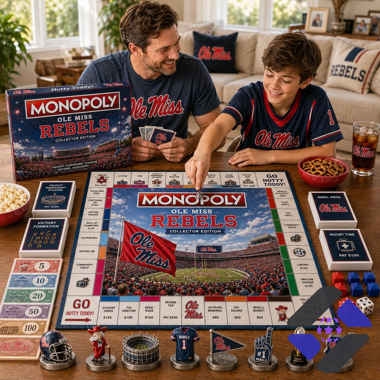 Ole Miss Rebels 2026 Monopoly Board Game - box art and game money close-up