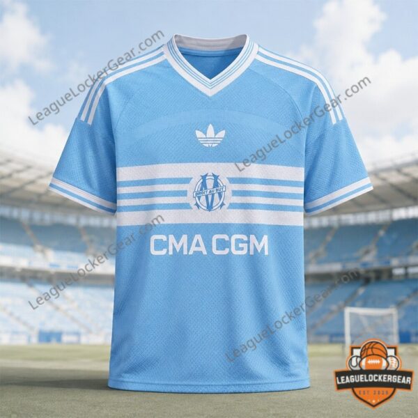 Olympique de Marseille 2027-28 Season Away Adidas Football Jersey - close-up of collar and Adidas logo