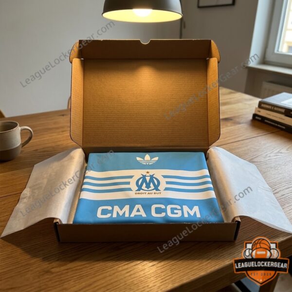 Olympique de Marseille 2027-28 Season Away Adidas Football Jersey - close-up of club crest and sponsor